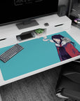 Half-lidded anime girl smoking in a red coat desk pad 40x20 inches, minimalist lines.