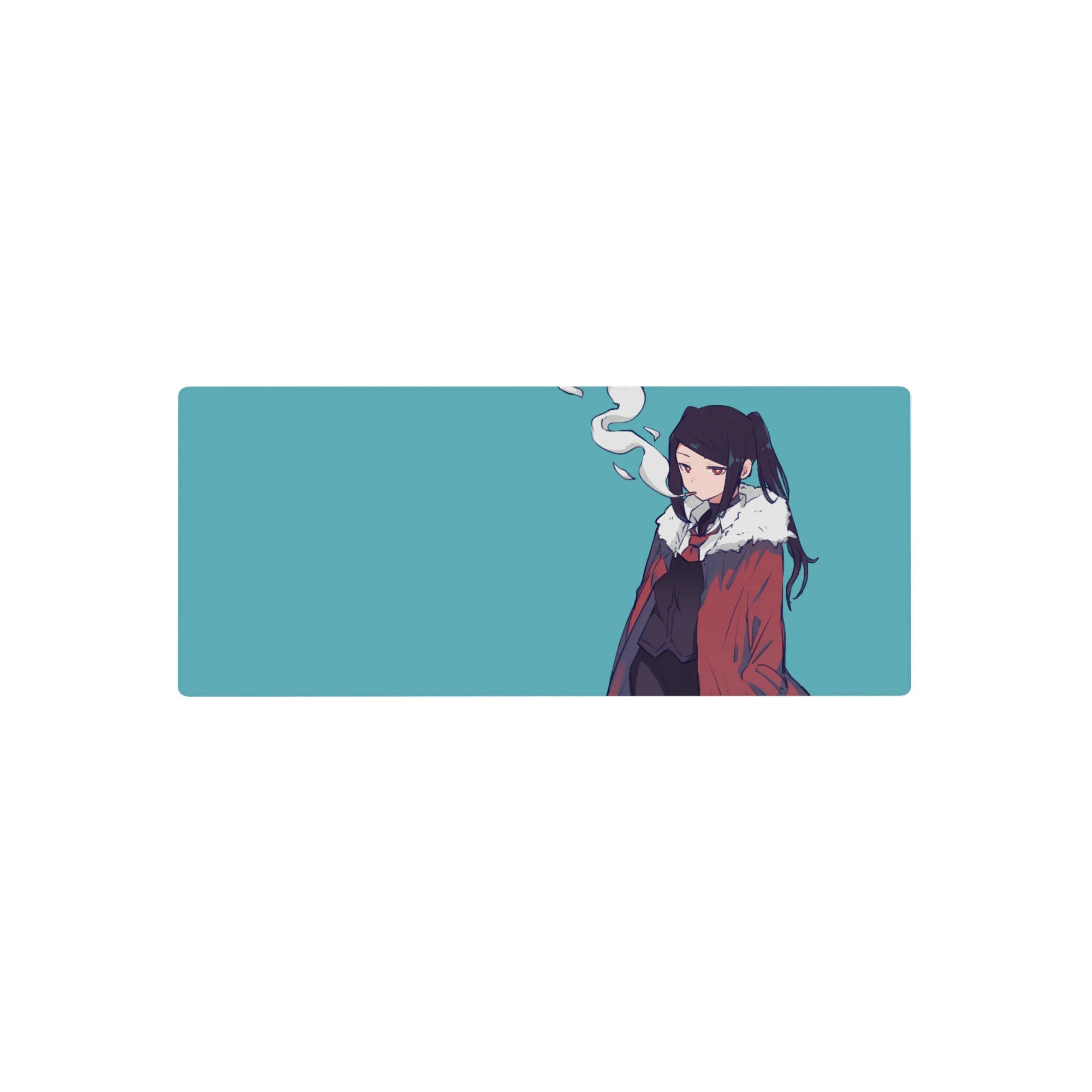 Anime girl mouse pad 28x12 inches with clean line art, red coat, white fluffy collar, teal background.