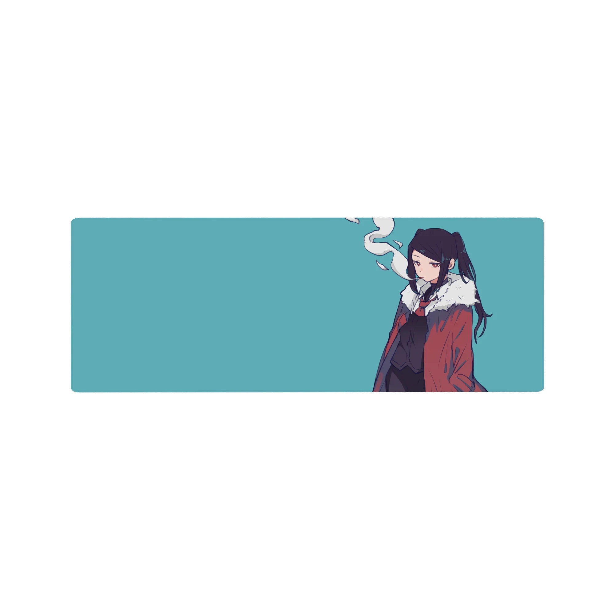 32x12 inches anime girl mouse pad with minimalist line art, red coat and fluffy white collar.