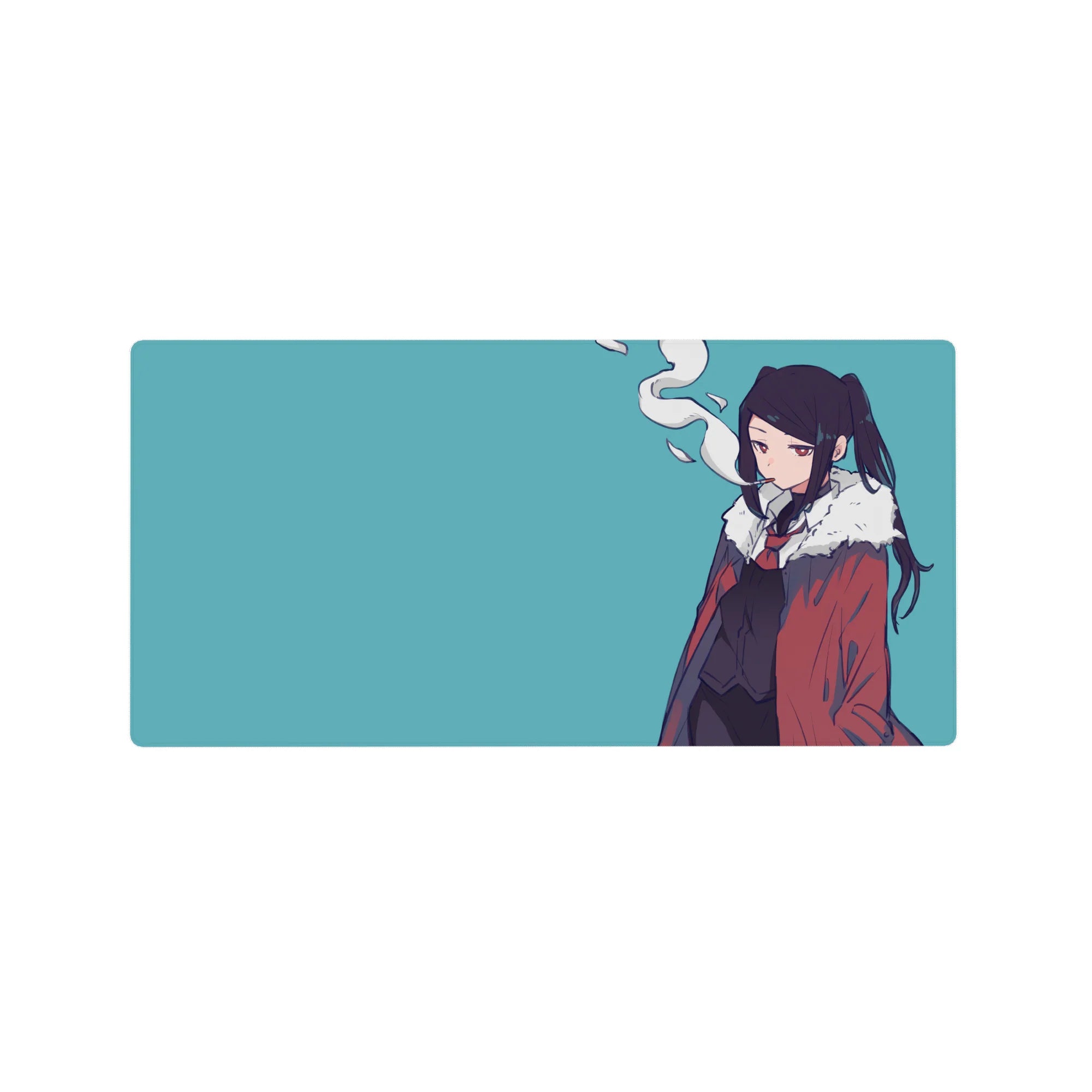 Anime girl mouse pad 32x16 inches with teal background, red coat, and fluffy white collar art.