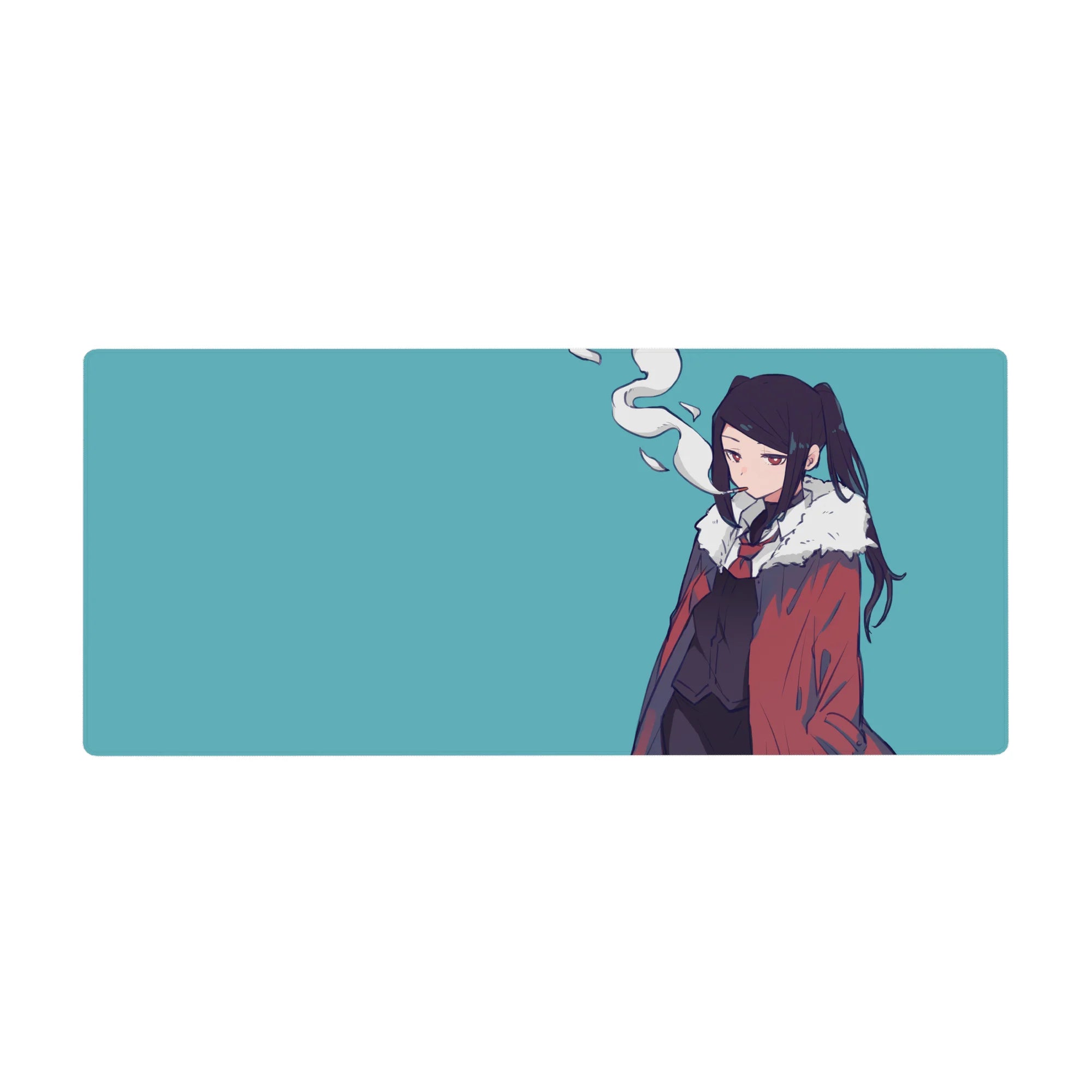 Anime girl desk pad 36x16 inches with teal background, red coat, and fluffy white collar art.