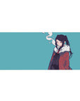 Anime girl desk pad 36x16 inches with teal background, red coat, and fluffy white collar art.