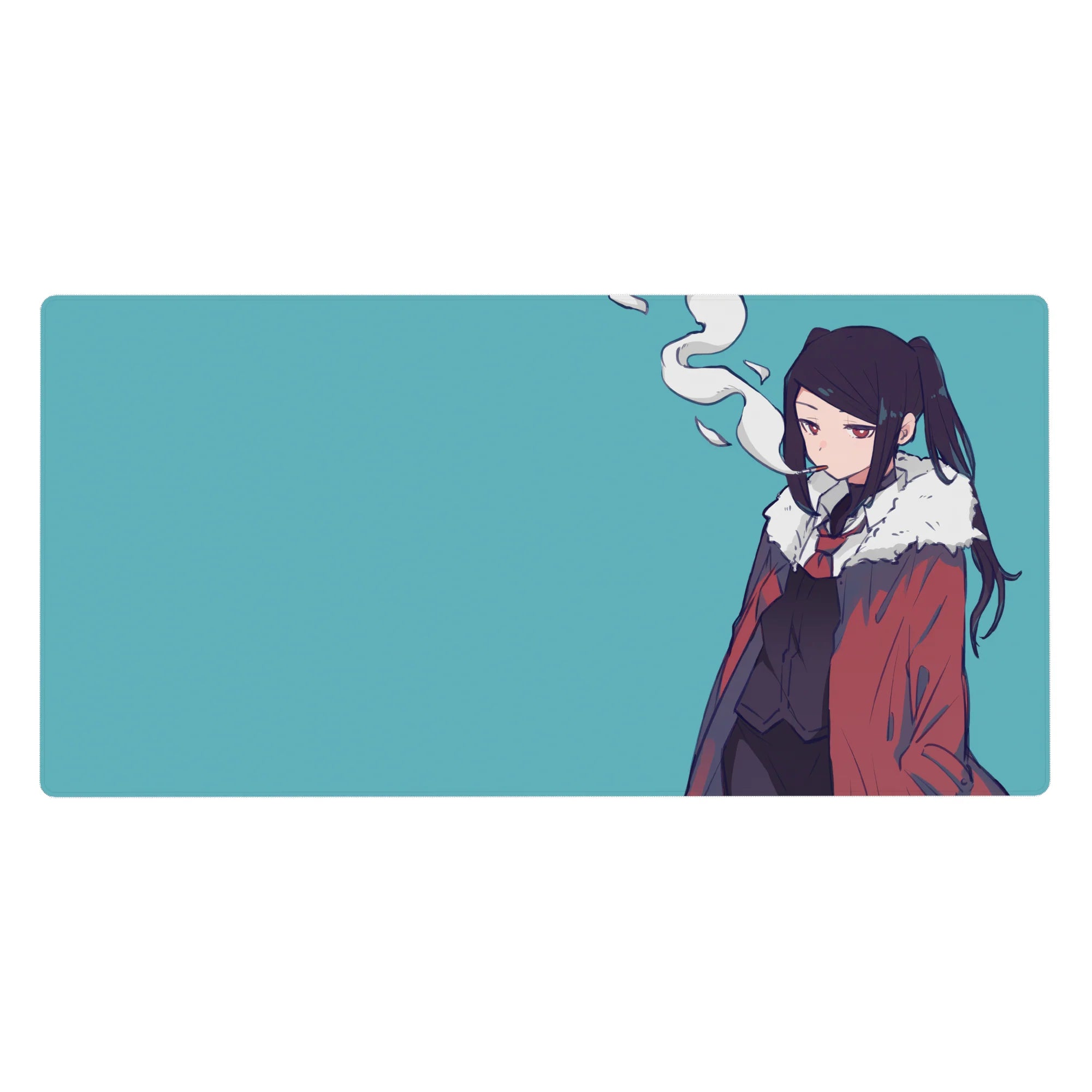 Anime girl desk pad 40x20 inches with teal background, red coat, and fluffy white collar art.
