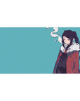 Anime girl desk pad 40x20 inches with teal background, red coat, and fluffy white collar art.