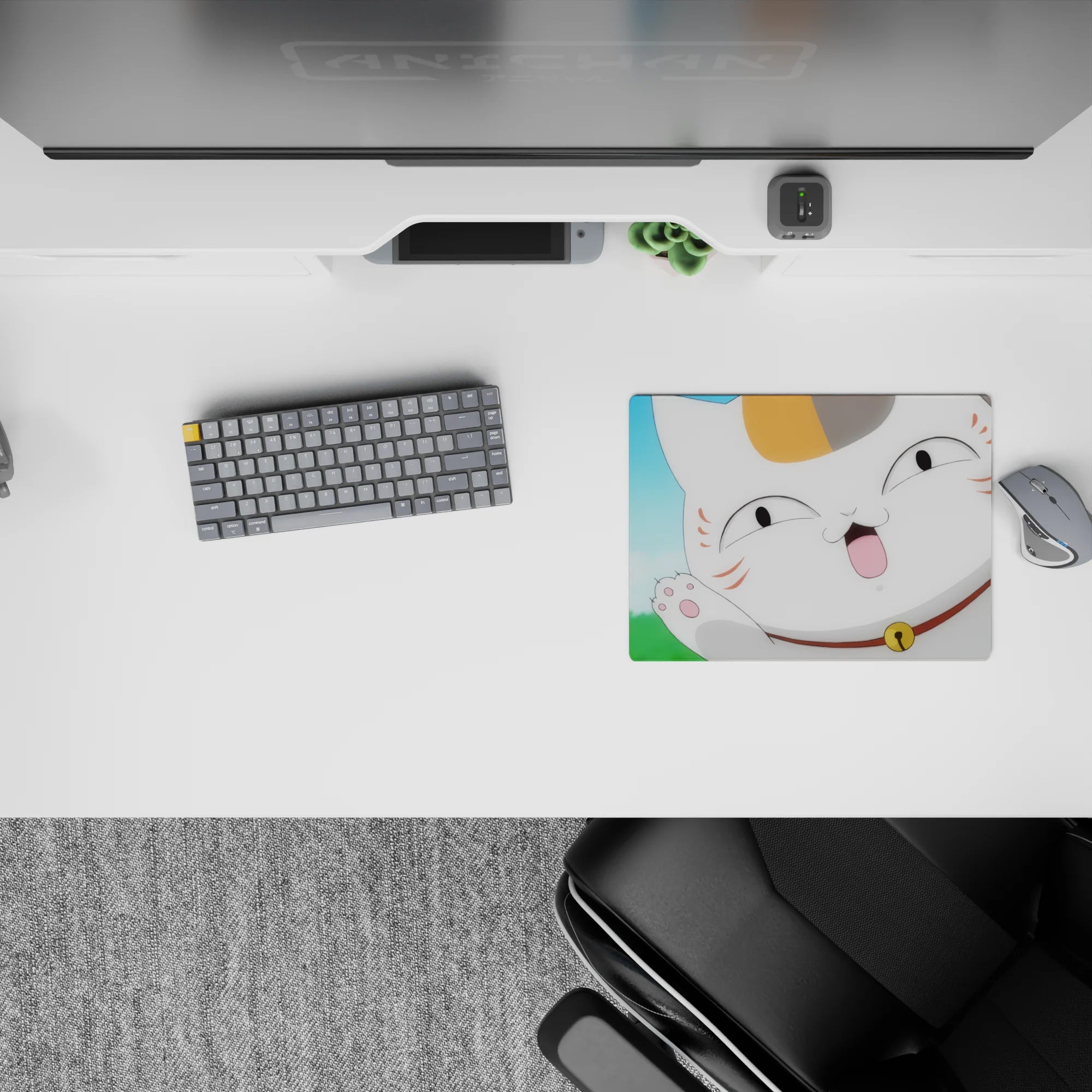 Bright blue sky and green bokeh on a 14x10 inches anime mouse pad, soft white and orange cat, cheerful vibe.