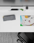 Bright blue sky and green bokeh on a 14x10 inches anime mouse pad, soft white and orange cat, cheerful vibe.