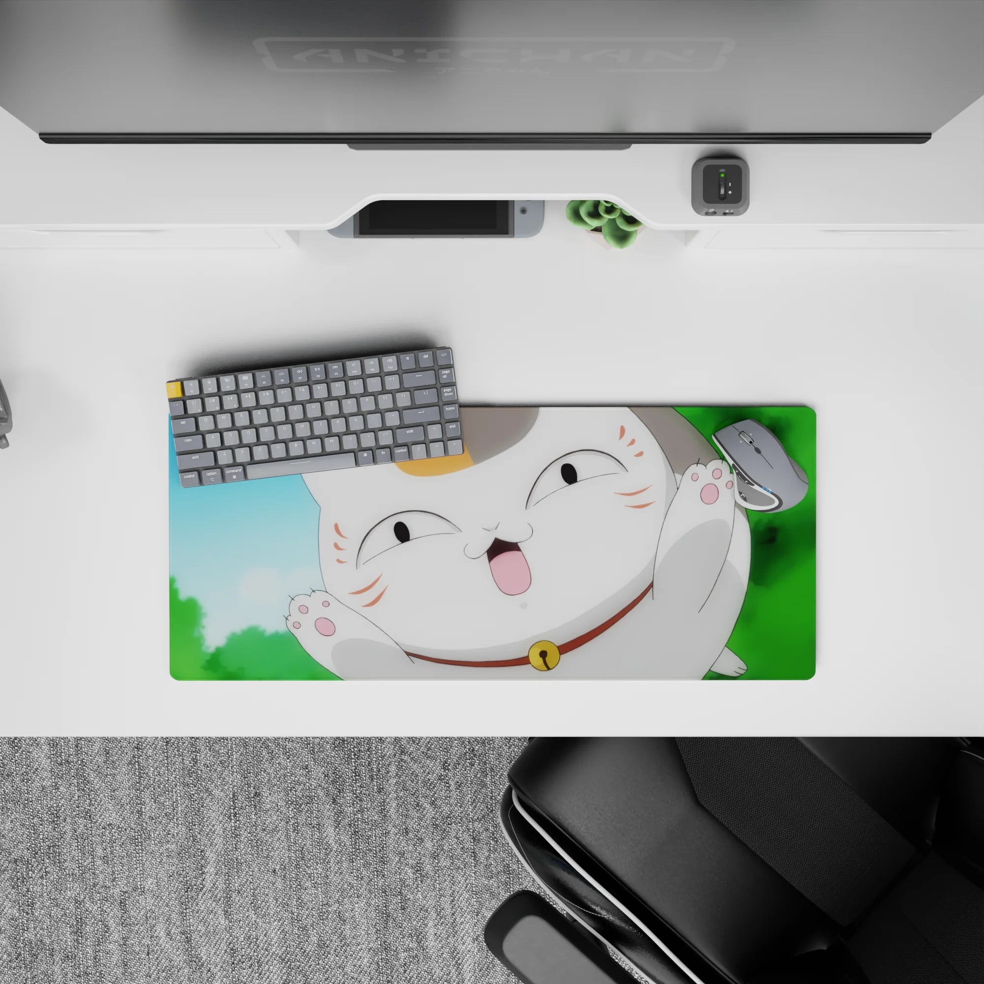 28x12 inches anime mouse pad in blue sky and green blur, white-and-orange cat with blush, cheerful vibe.