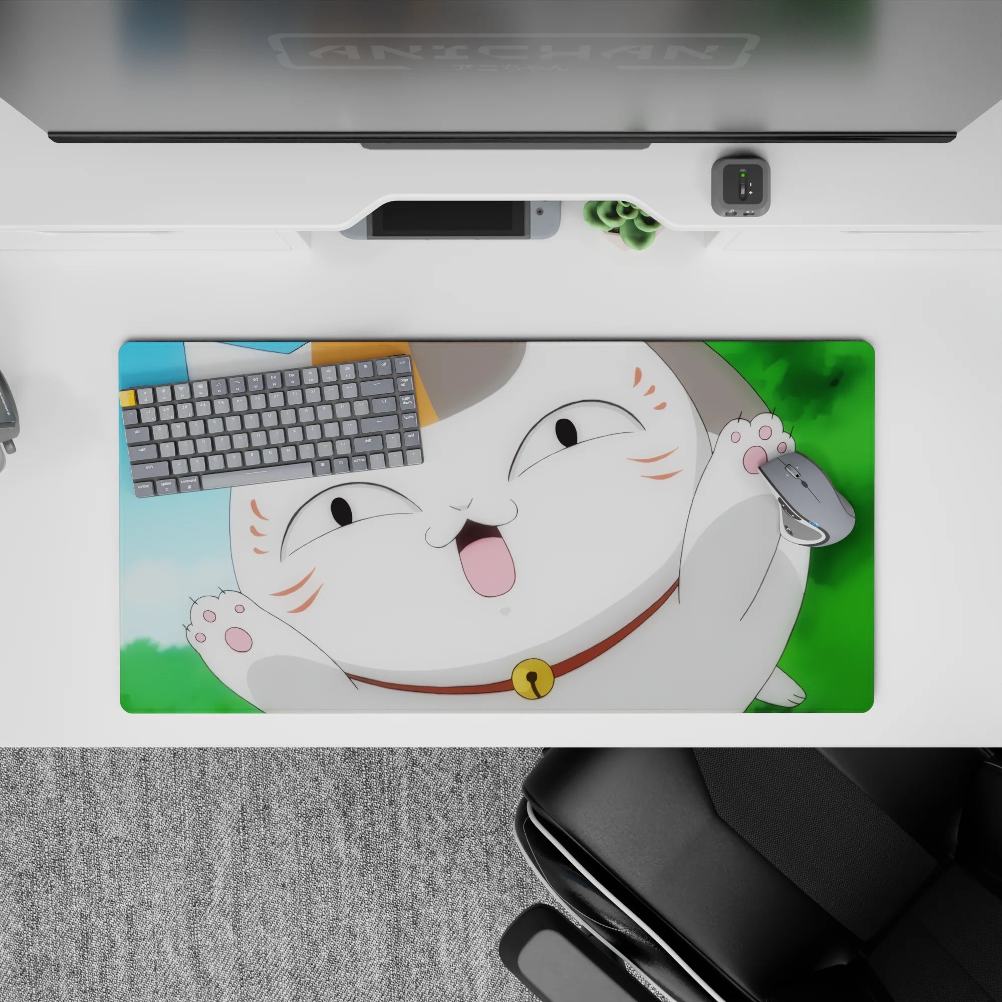 Bright blue sky and green bokeh anime mouse pad 32x16 inches with white-and-orange cat, blush cheeks.