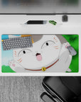 Bright blue sky and green bokeh anime mouse pad 32x16 inches with white-and-orange cat, blush cheeks.