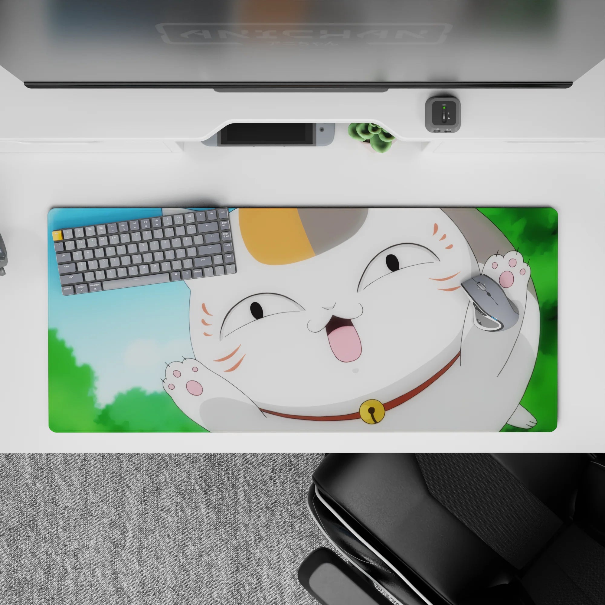 36x16 inches anime desk pad in bright blue, white and orange with blush cheeks, cheerful playful vibe.