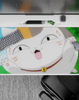 40x20 inches anime desk pad in bright blue and leafy green with soft white-and-orange cat, cheerful vibe.