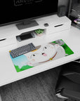 28x12 inches anime mouse pad showing goofy open-mouth maneki-neko popping into frame, paws raised.