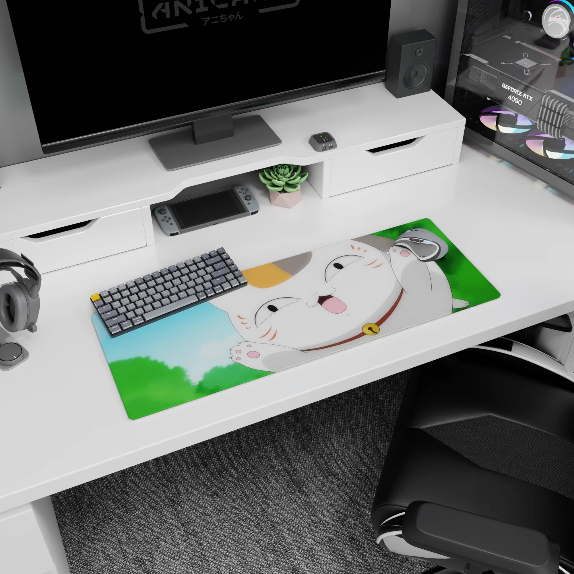 Goofy open-mouth maneki-neko anime mouse pad 32x12 inches, toe beans out against sky and leaves.