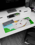 Goofy open-mouth maneki-neko anime mouse pad 32x12 inches, toe beans out against sky and leaves.