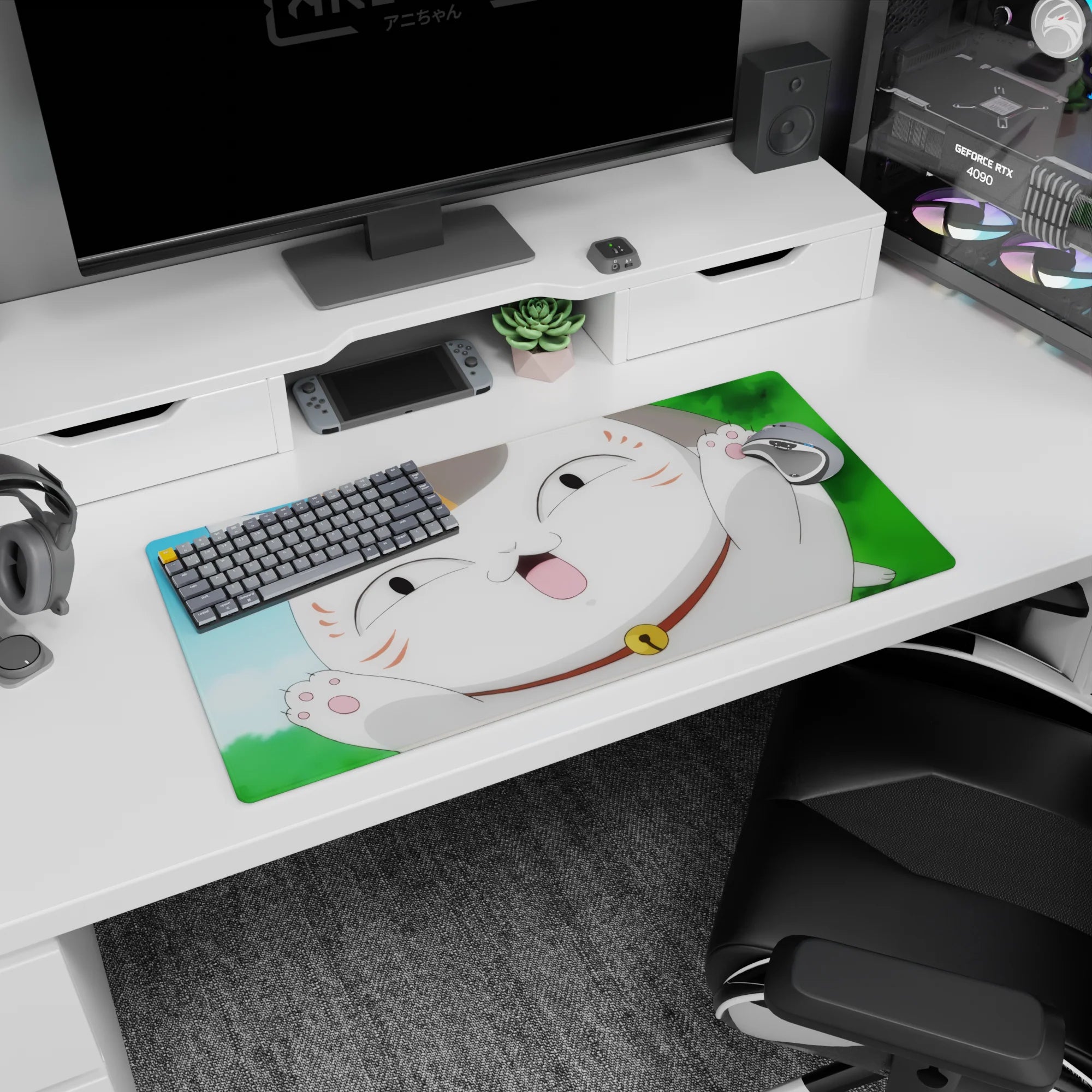 Chubby maneki-neko bursting into frame, toe beans out, anime desk mat mouse pad 32x16 inches.