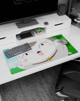 Chubby maneki-neko bursting into frame, toe beans out, anime desk mat mouse pad 32x16 inches.