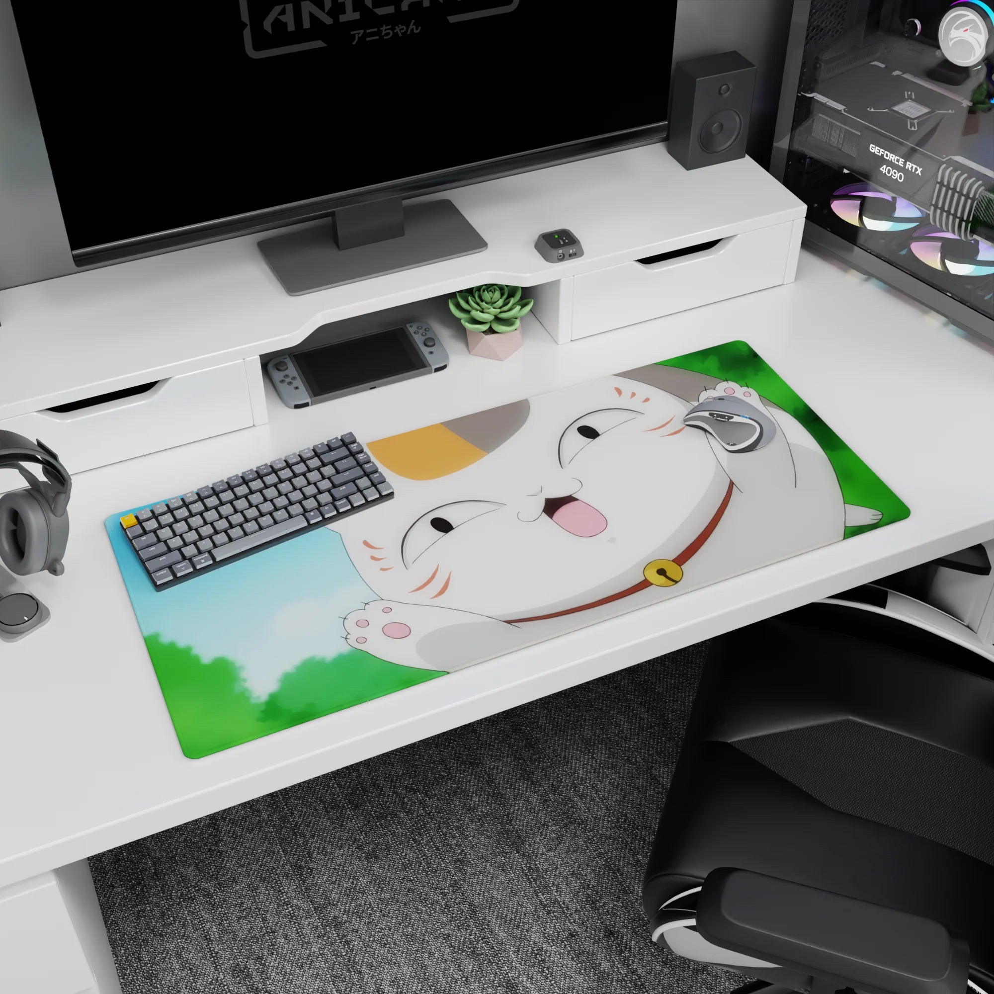 36x16 inches anime desk pad showing goofy lucky cat bursting into frame, toe beans out, open-mouth grin.