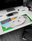 36x16 inches anime desk pad showing goofy lucky cat bursting into frame, toe beans out, open-mouth grin.