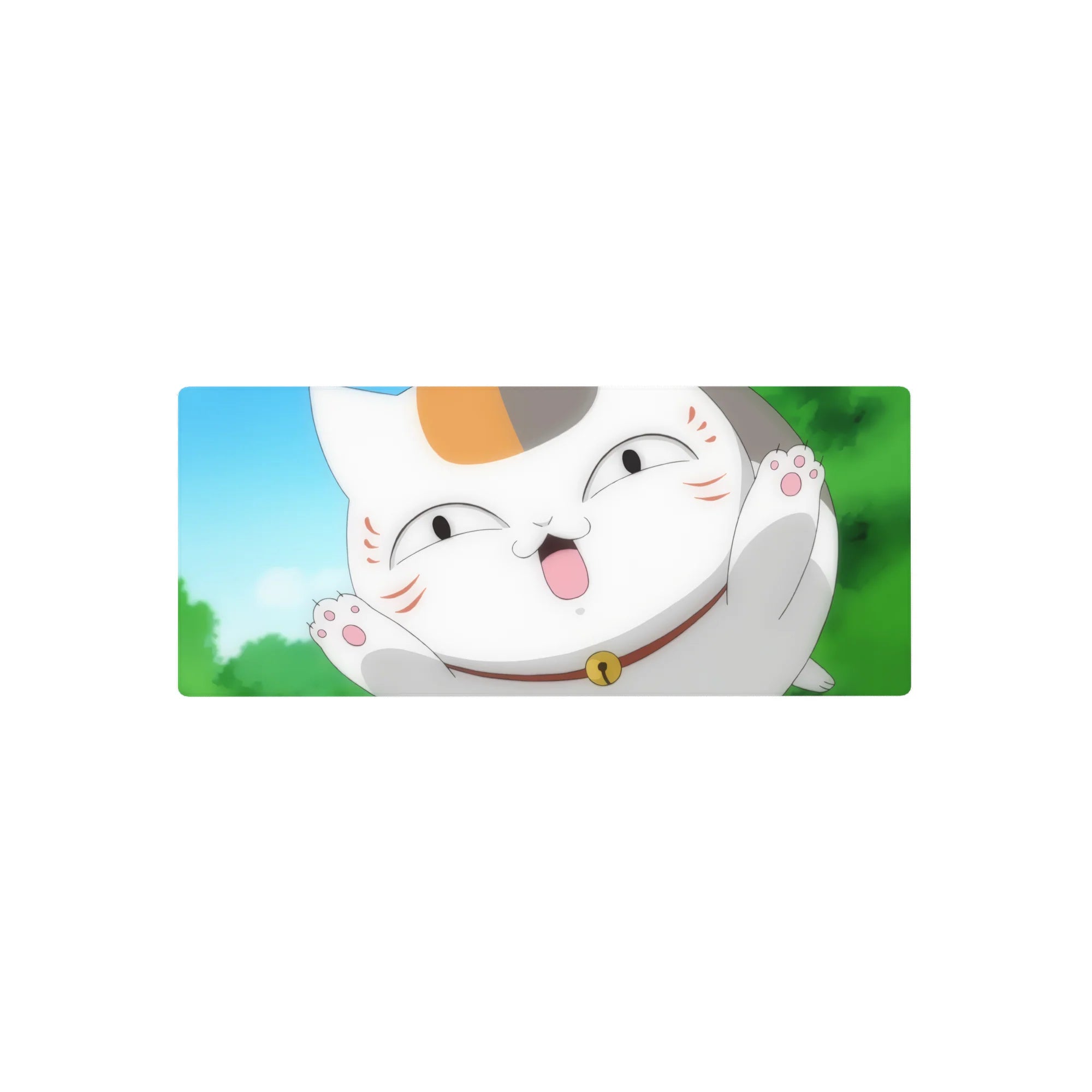 28x12 inches anime mouse pad with chubby lucky cat close-up, paws up, toe beans out, bell collar.