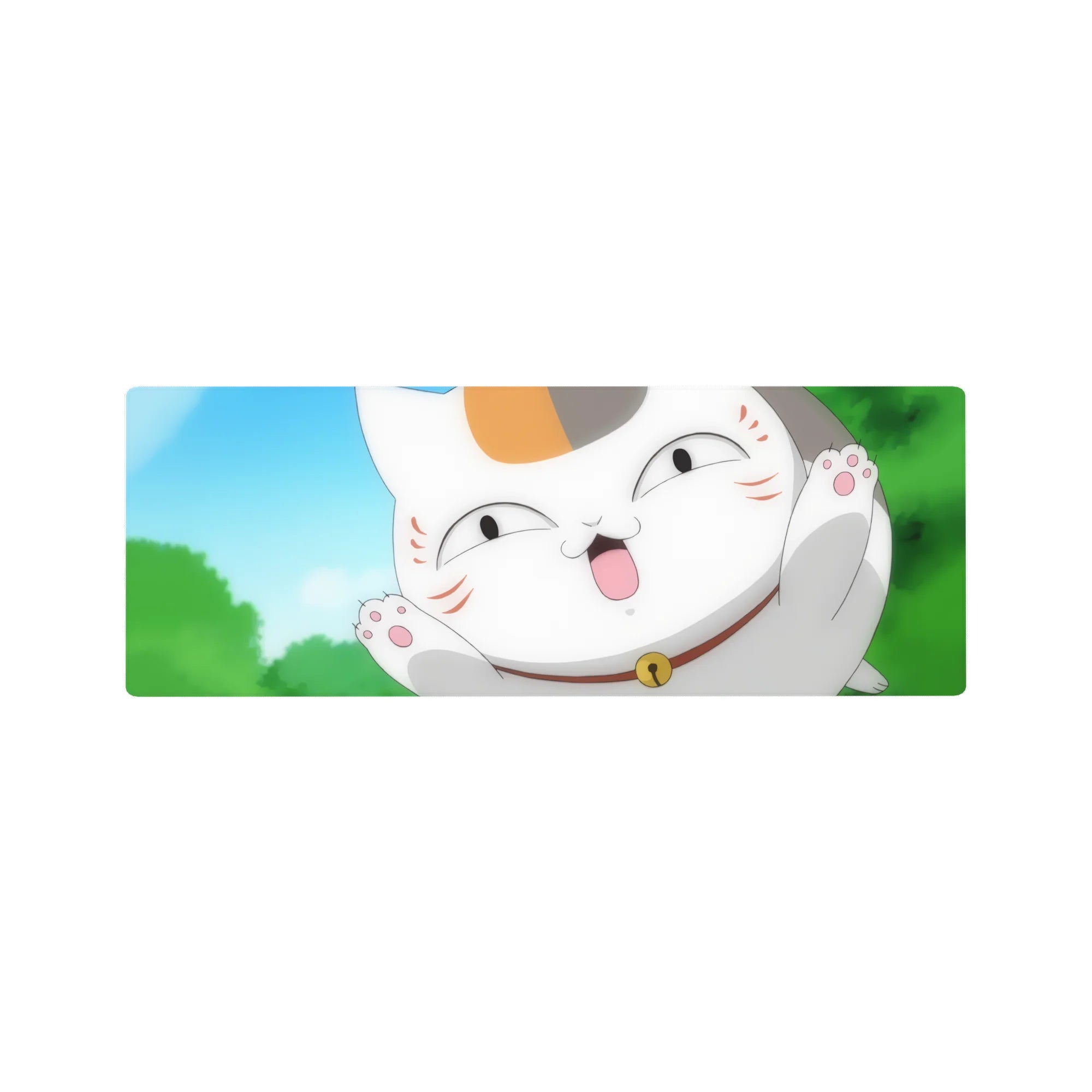 Anime mouse pad 32x12 inches featuring a chubby lucky cat close-up with paws up and bell collar.