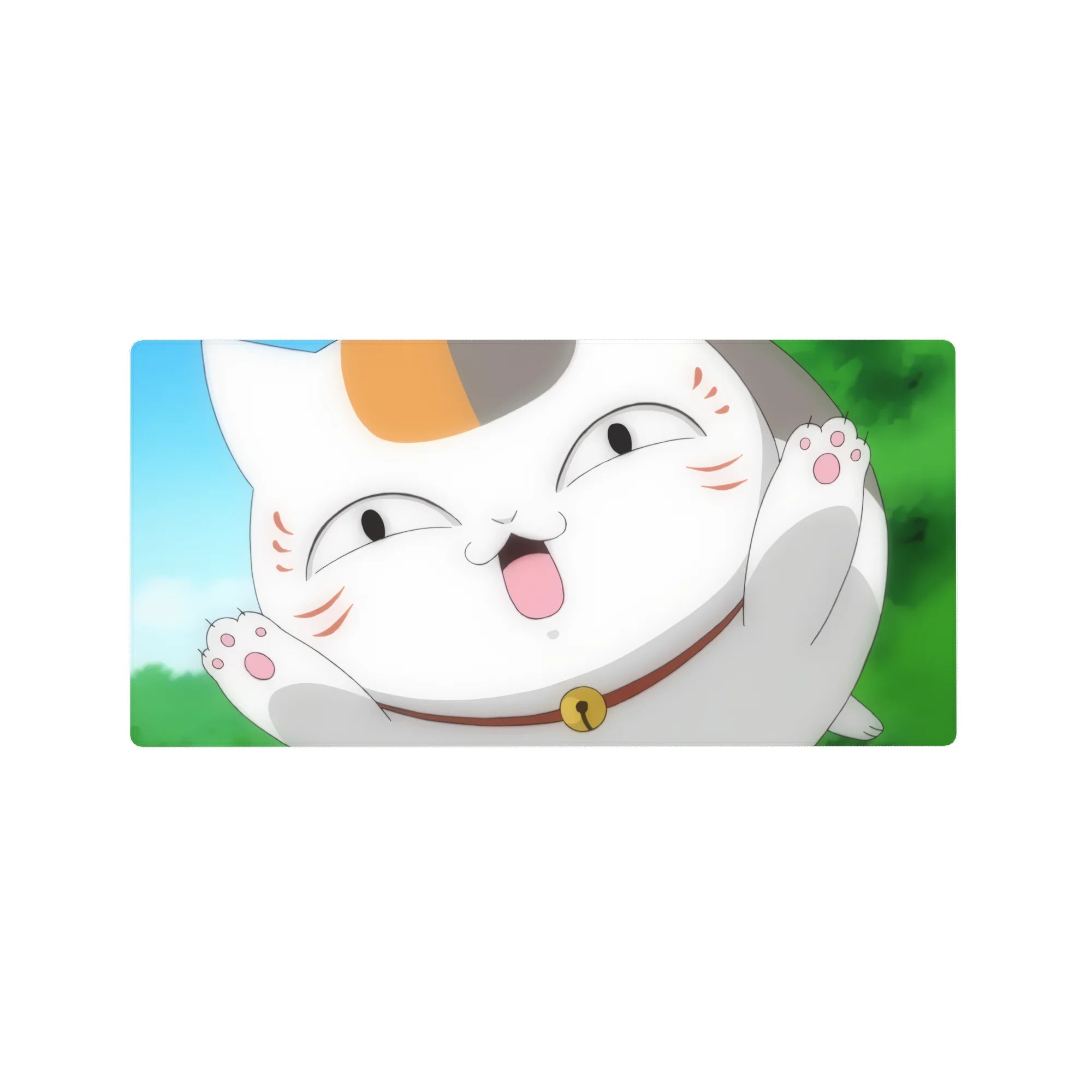 Anime lucky cat close-up mouse pad 32x16 inches with raised paws, bell collar, and goofy grin.