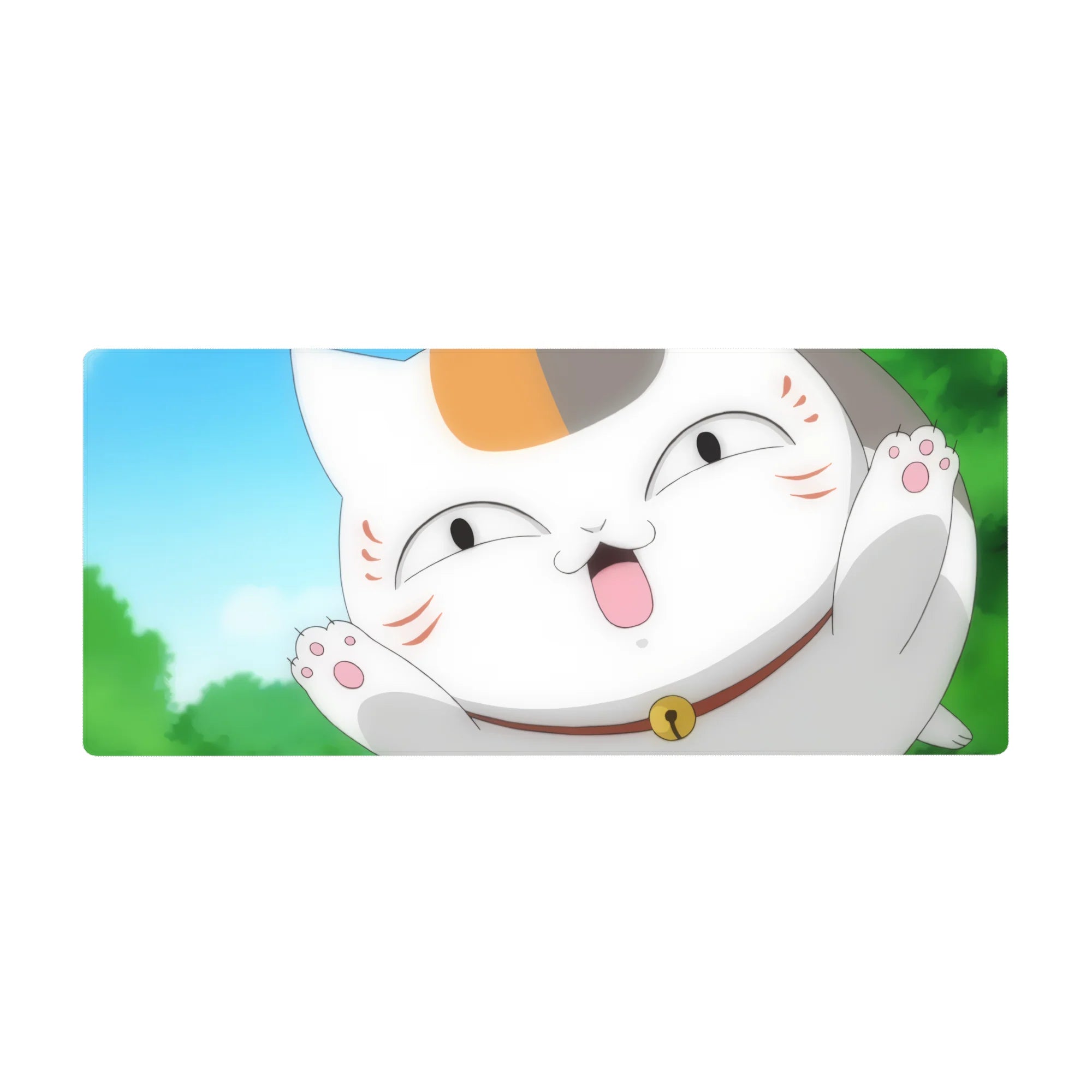36x16 inches anime desk pad with chubby lucky cat close-up, paws up, bell collar, blue sky backdrop.