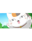 36x16 inches anime desk pad with chubby lucky cat close-up, paws up, bell collar, blue sky backdrop.