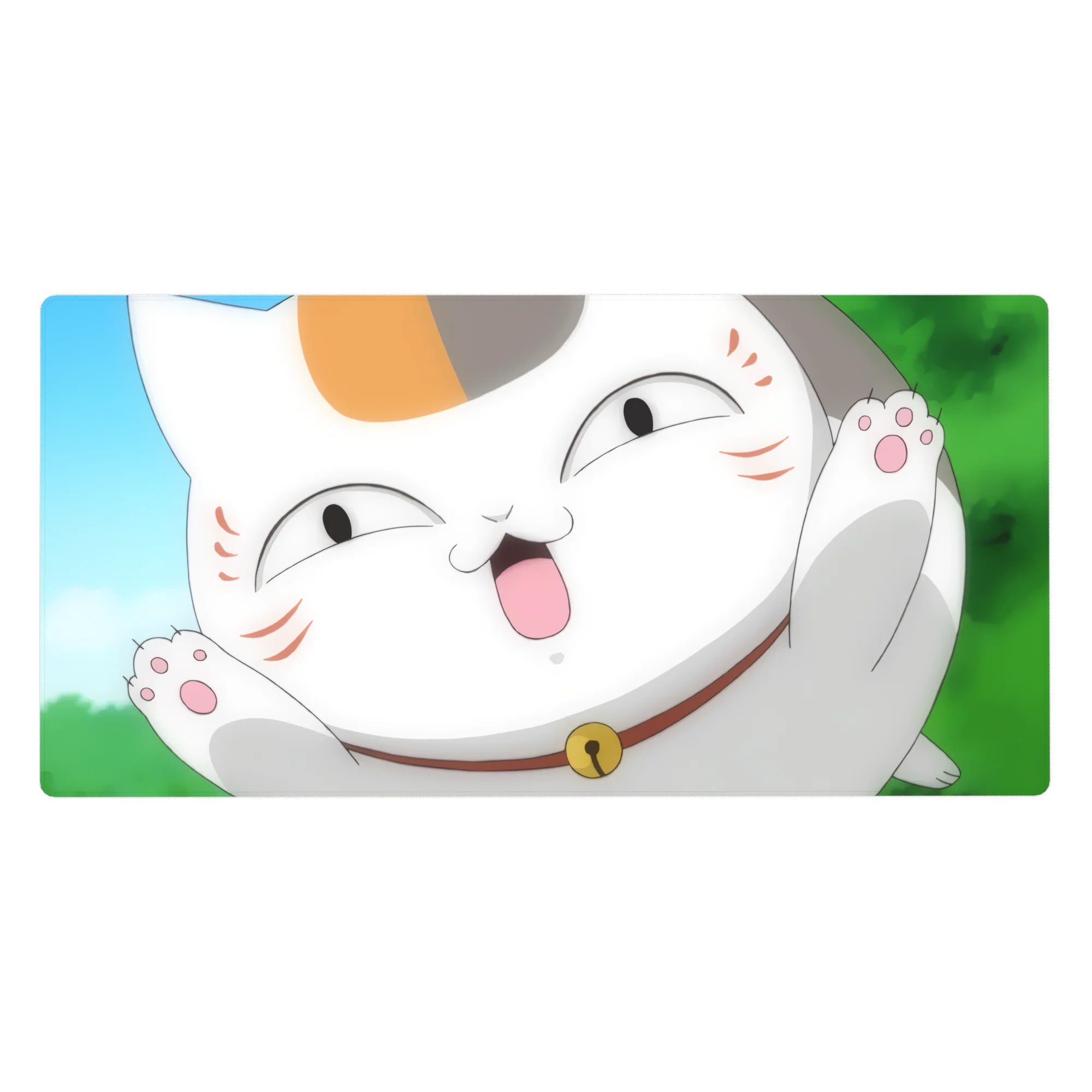 Anime desk pad 40x20 inches with chubby lucky cat close-up, toe beans out, collar bell, blue sky.