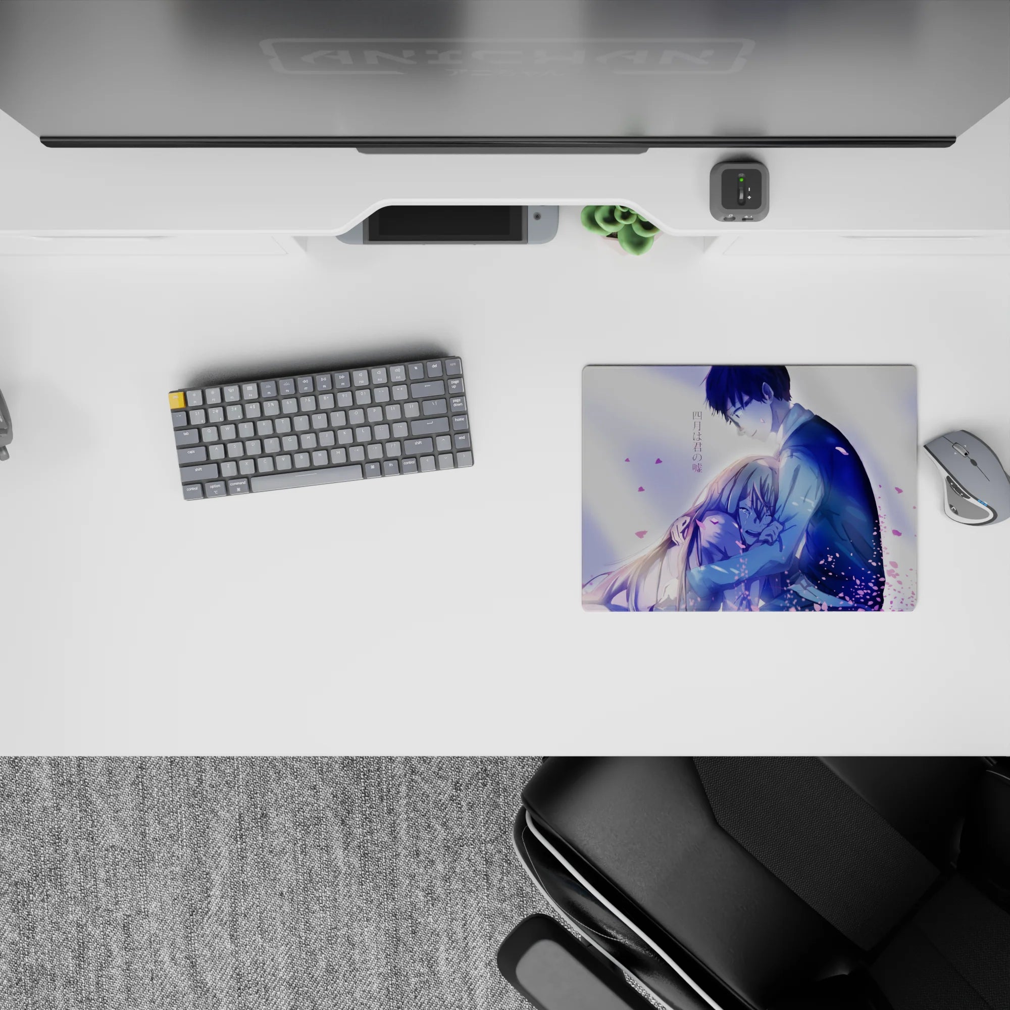 Romantic anime mouse pad 14x10 inches in lavender light with airy spring feel, gentle highlights, teary mood.