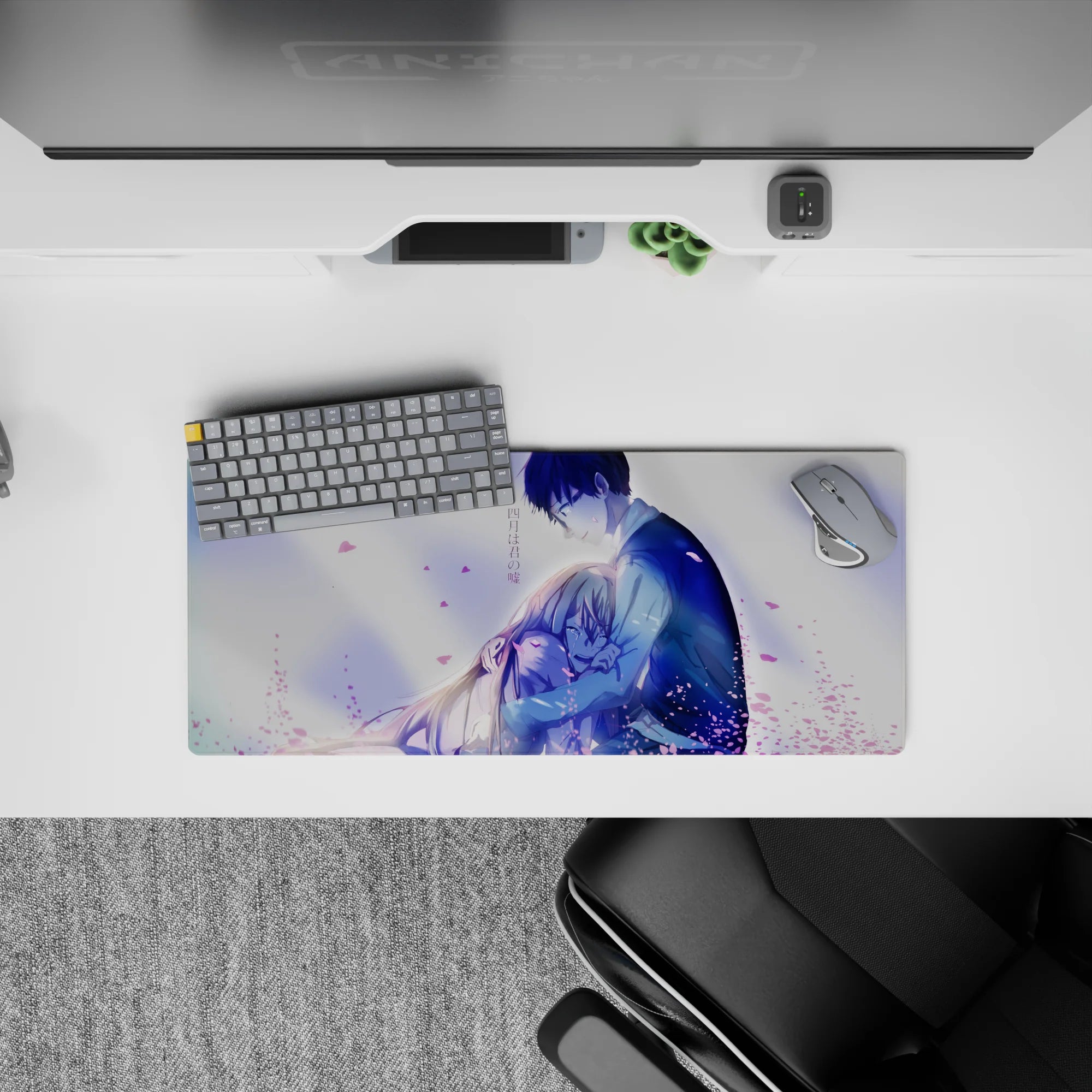 28x12 inches anime mouse pad in lavender and pink spring tones, calm airy background, tender mood.