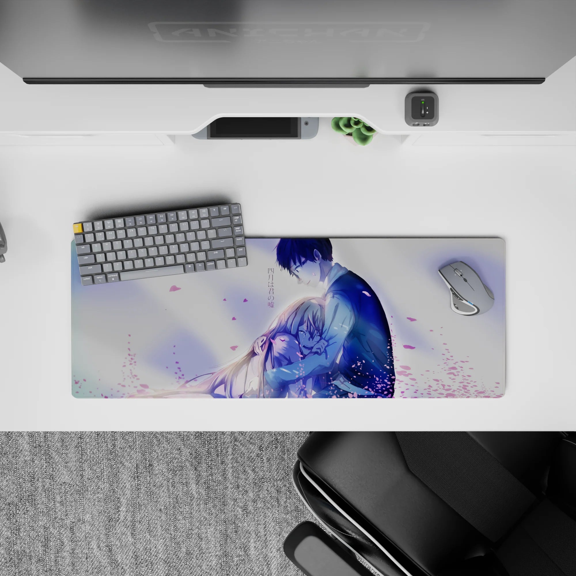 Anime mouse pad 32x12 inches in soft lavender and pink, airy spring vibes and comforting teary romance.