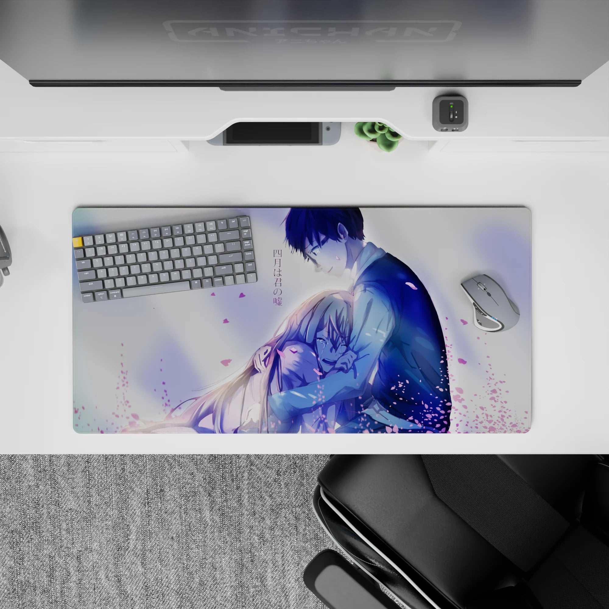 32x16 inches anime mouse pad in soft lavender and pink tones, airy background, tender emotional mood.