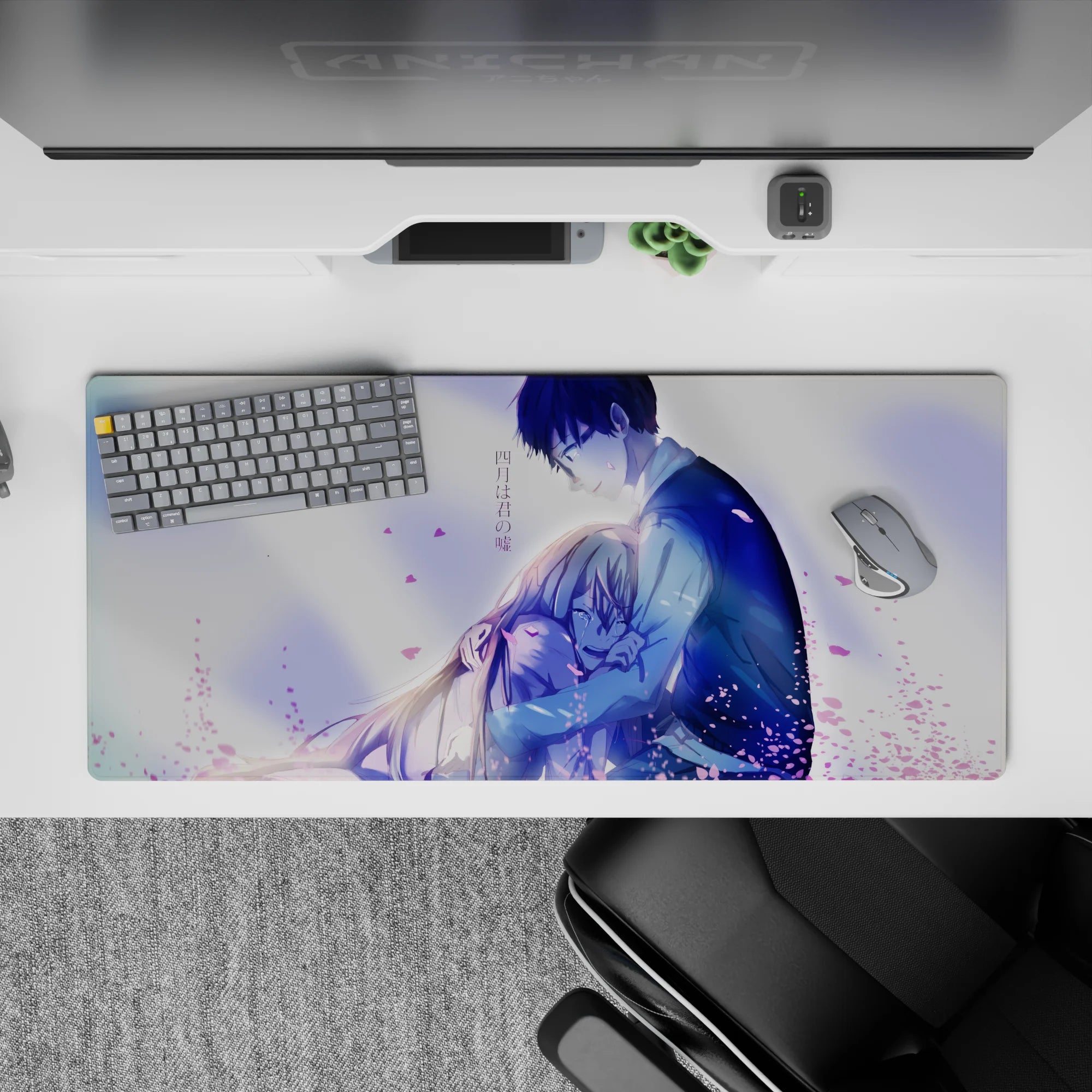 Pastel lavender and pink anime desk pad 36x16 inches, airy spring mood with gentle highlights.