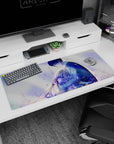 Anime desk pad 36x16 inches showing dark-haired boy in blue jacket hugging teary blonde girl.