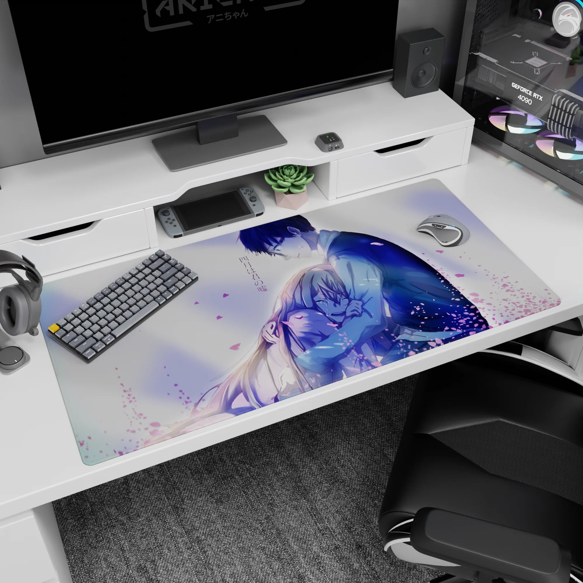 Anime desk pad 40x20 inches showing dark-haired boy in blue jacket hugging teary blonde girl.