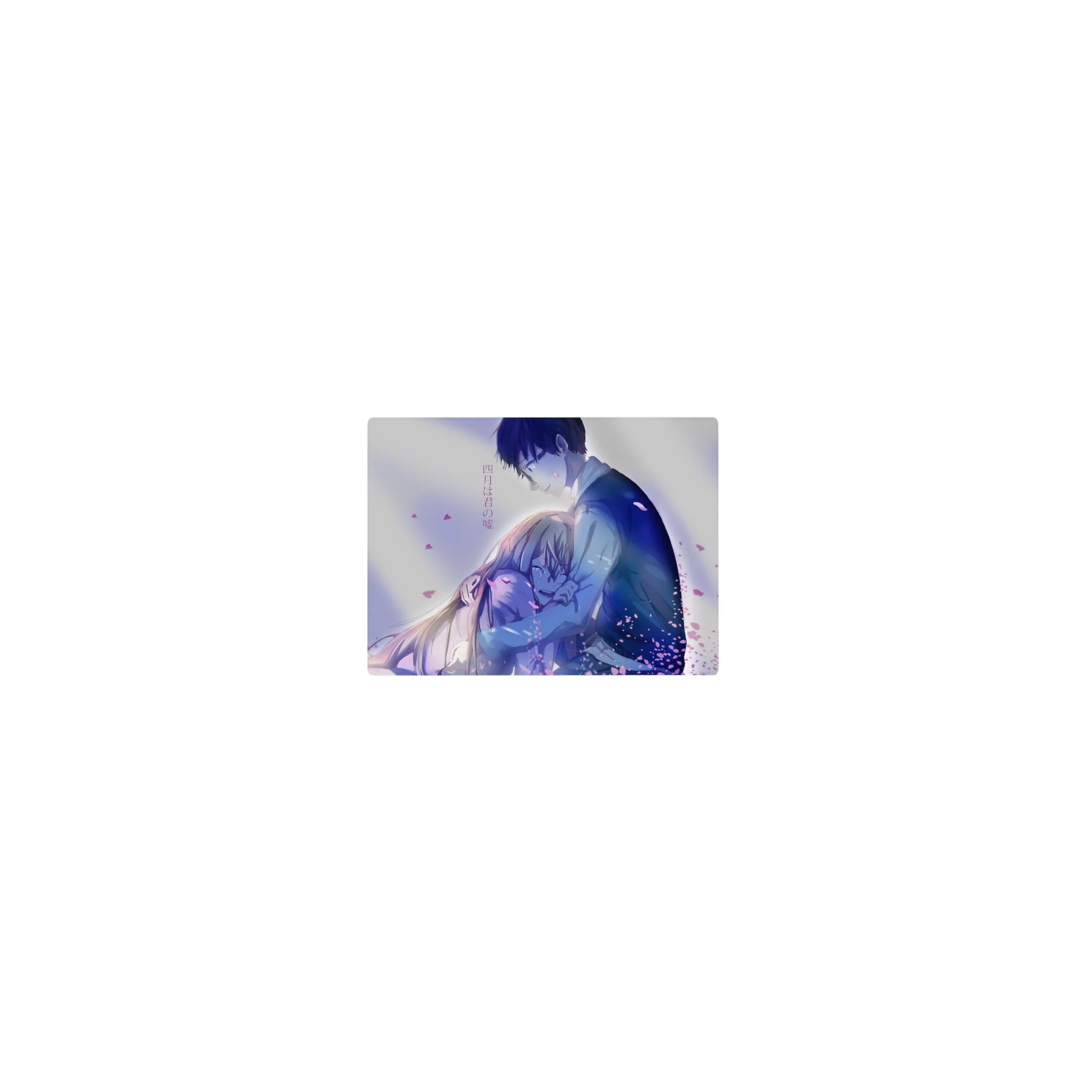 Classic anime mouse pad 14x10 inches with hugging couple, pink petals, soft gradients, clean composition.