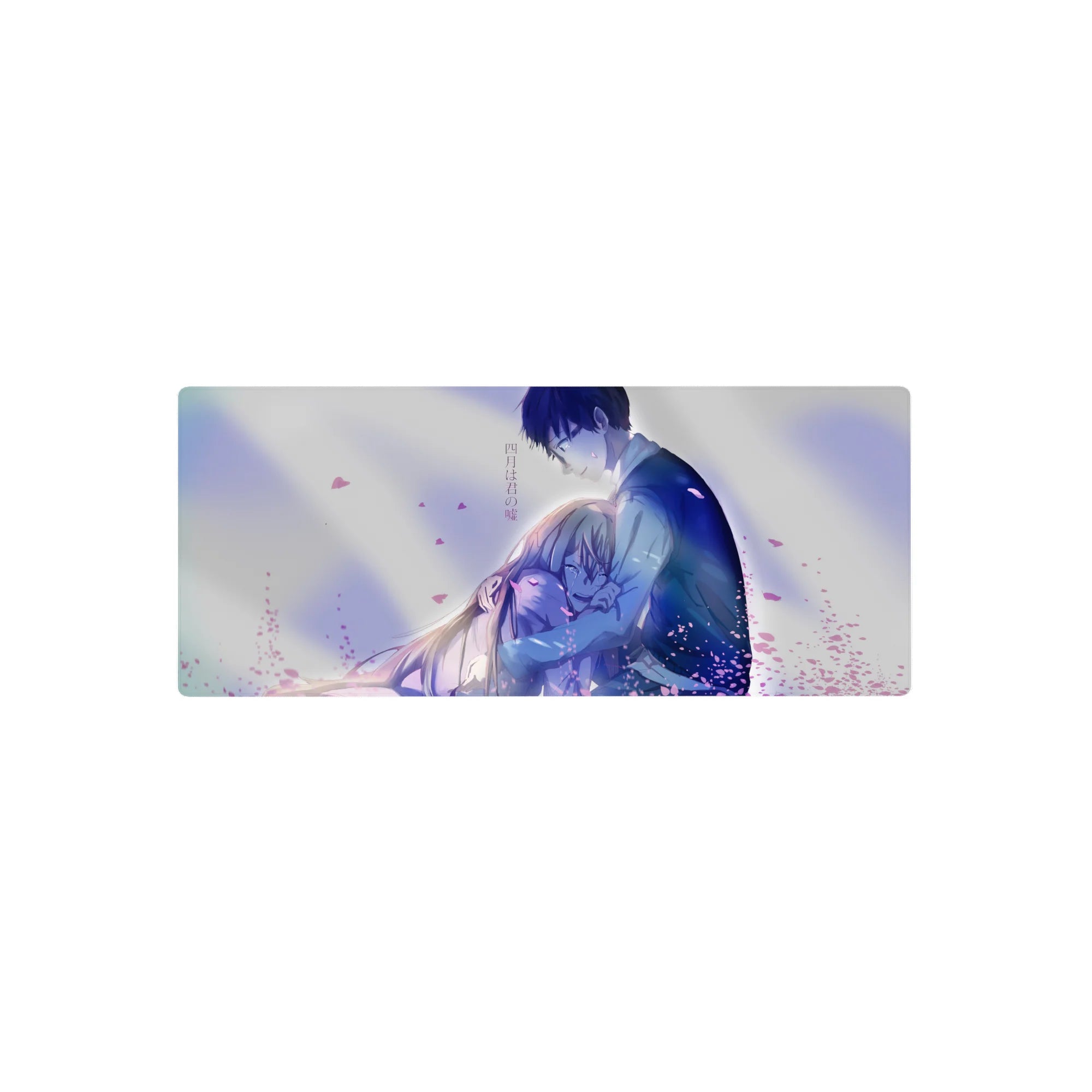 28x12 inches anime mouse pad with romantic couple hug, blue jacket boy and blonde girl, soft petals.