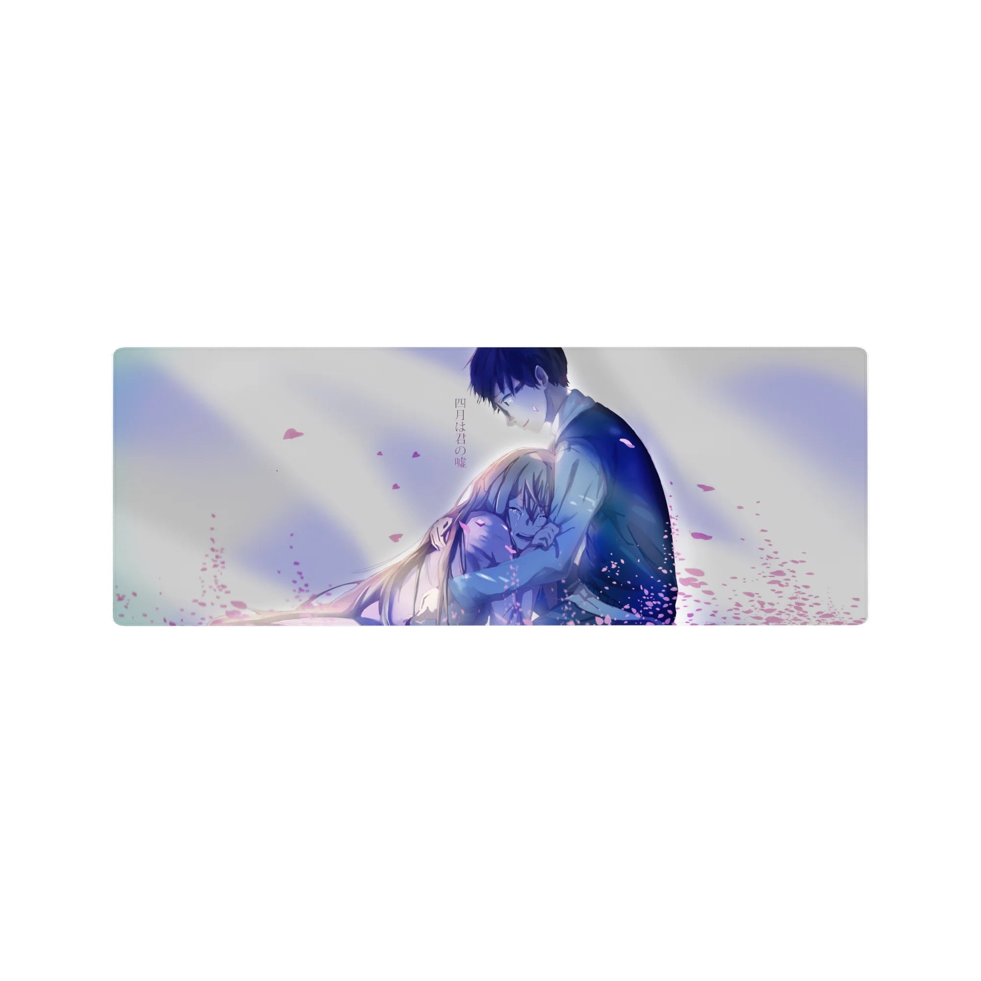 Anime mouse pad 32x12 inches with romantic hug scene, blue jacket boy and blonde girl, petals backdrop.