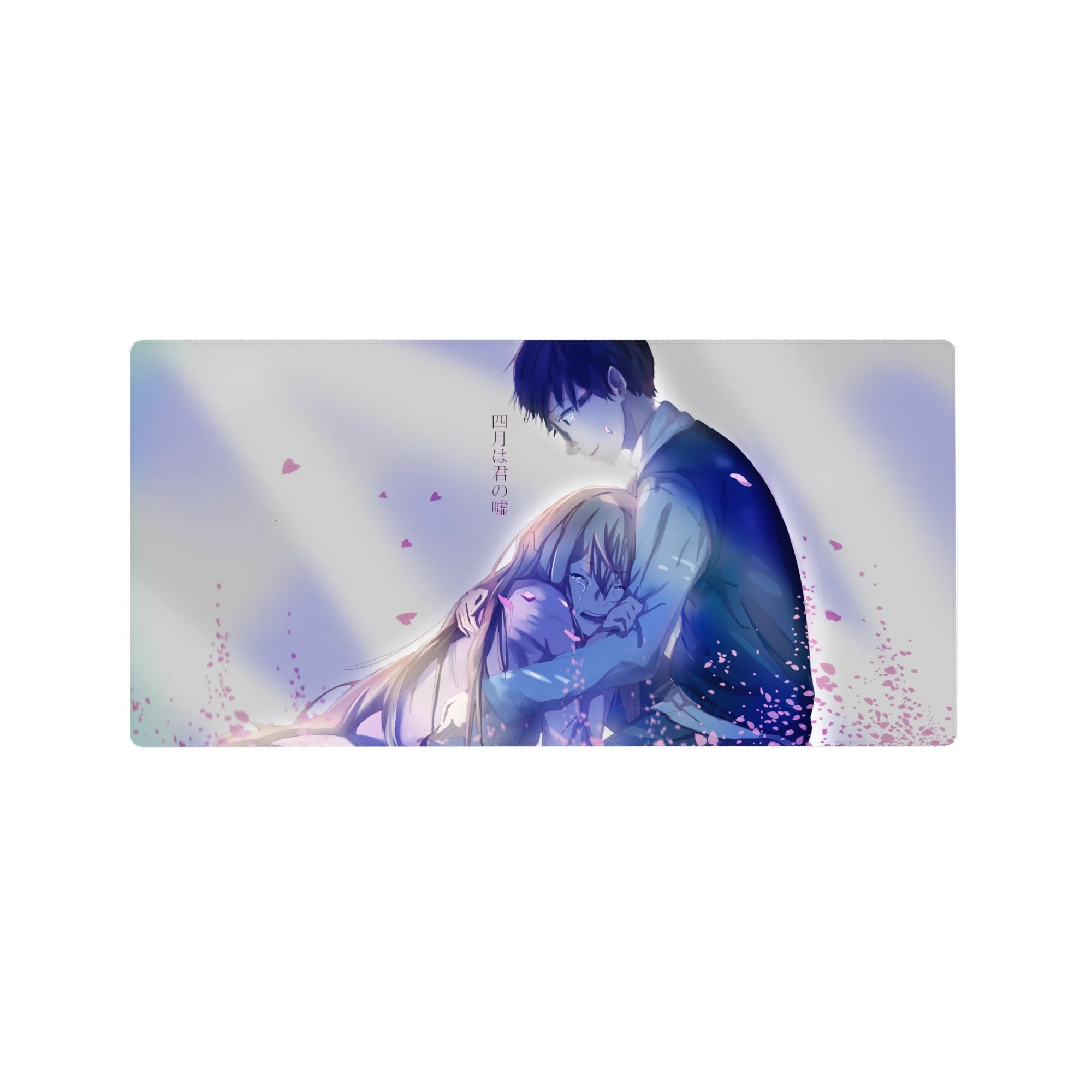 32x16 inches anime mouse pad with romantic hug scene, pink petals, and clean springtime composition.