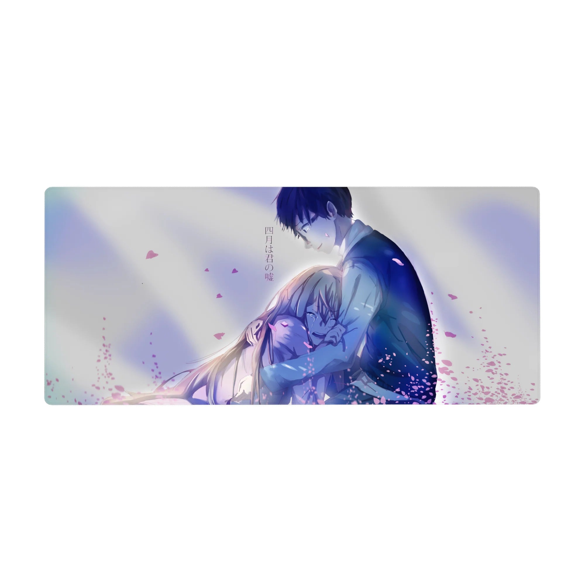 Anime desk pad 36x16 inches with romantic hug scene, clean composition, soft gradients and petals.