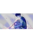 Anime desk pad 36x16 inches with romantic hug scene, clean composition, soft gradients and petals.