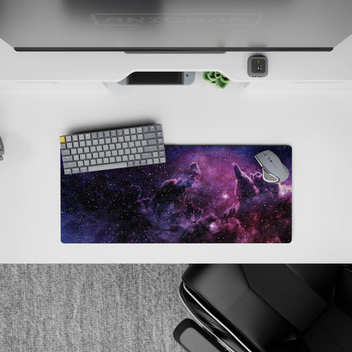Inky purple to smoky black 28x12 inches mouse pad with cozy violet haze and a faint rosy glow.