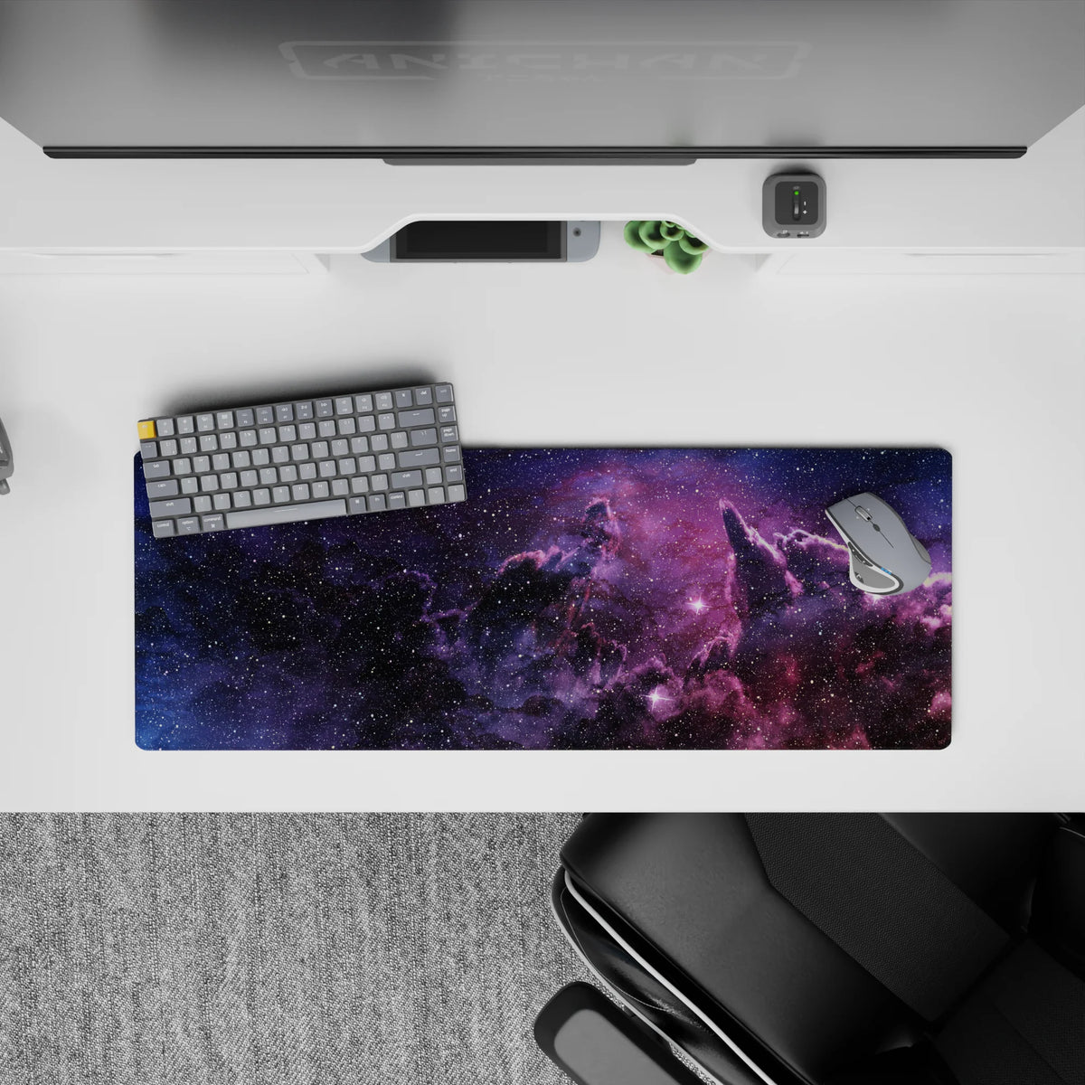 Inky purple and smoky black mouse pad with cozy violet clouds, 32x12 inches.