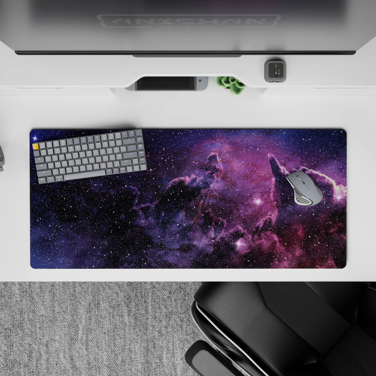 Cozy violet and inky black desk pad 36x16 inches with smoky clouds and a faint rosy glow.