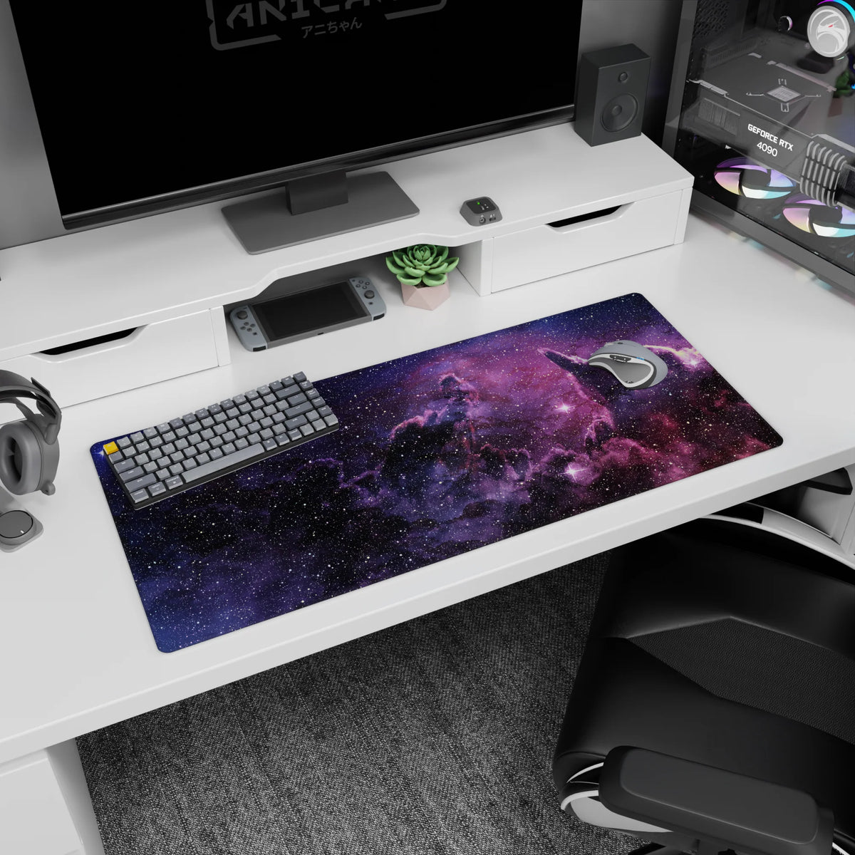 Starry space scene desk pad 36x16 inches showing deep purple nebula clouds fading into black.