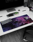 Starry space scene desk pad 36x16 inches showing deep purple nebula clouds fading into black.