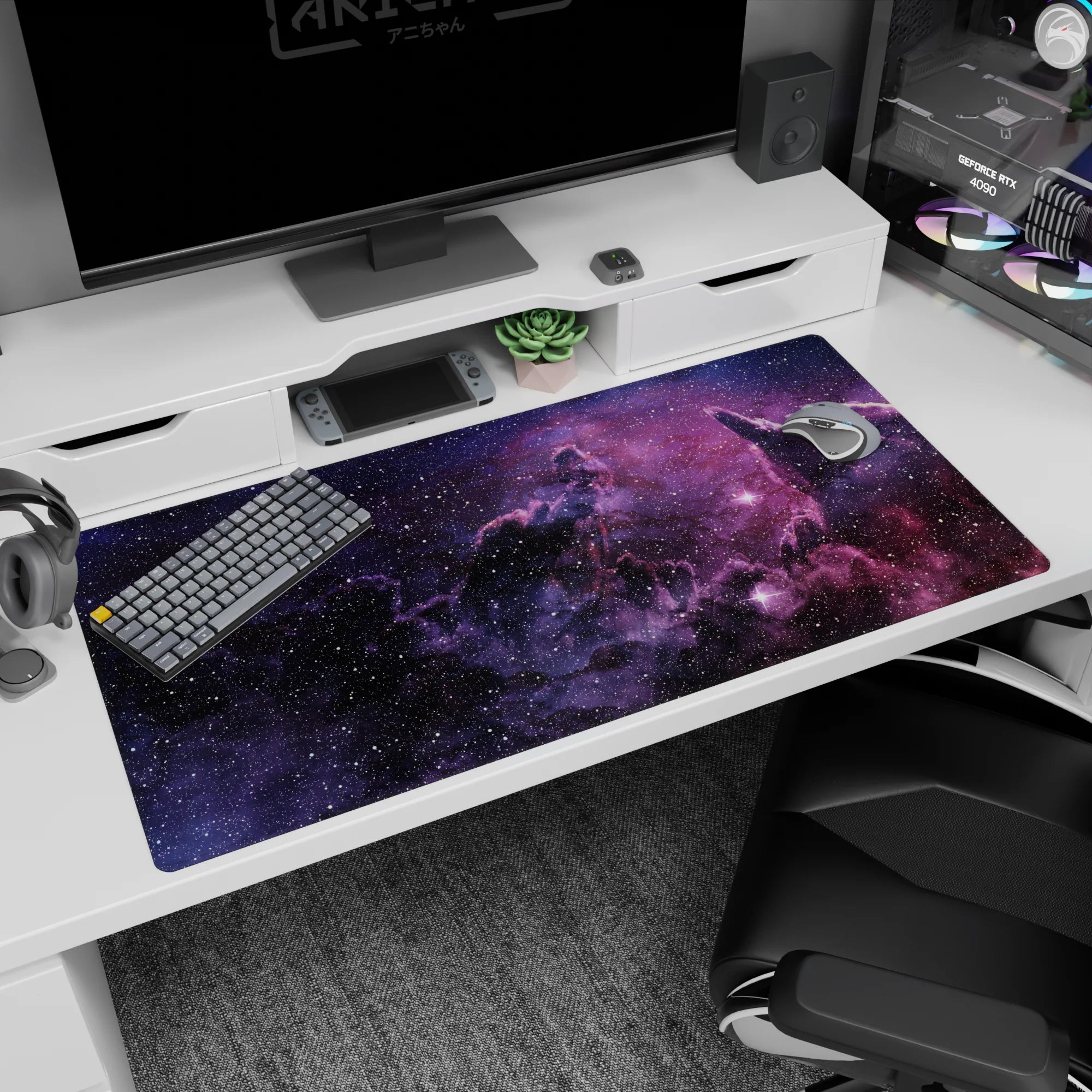 Galaxy night sky desk pad 40x20 inches showing a dreamy nebula scene with tiny stars throughout.