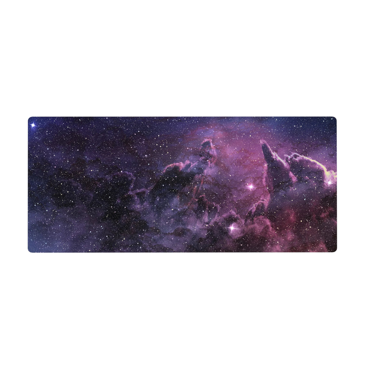 Midnight nebula galaxy desk pad 36x16 inches with star-speckled space pattern for keyboard and mouse.