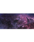 Midnight nebula galaxy desk pad 36x16 inches with star-speckled space pattern for keyboard and mouse.