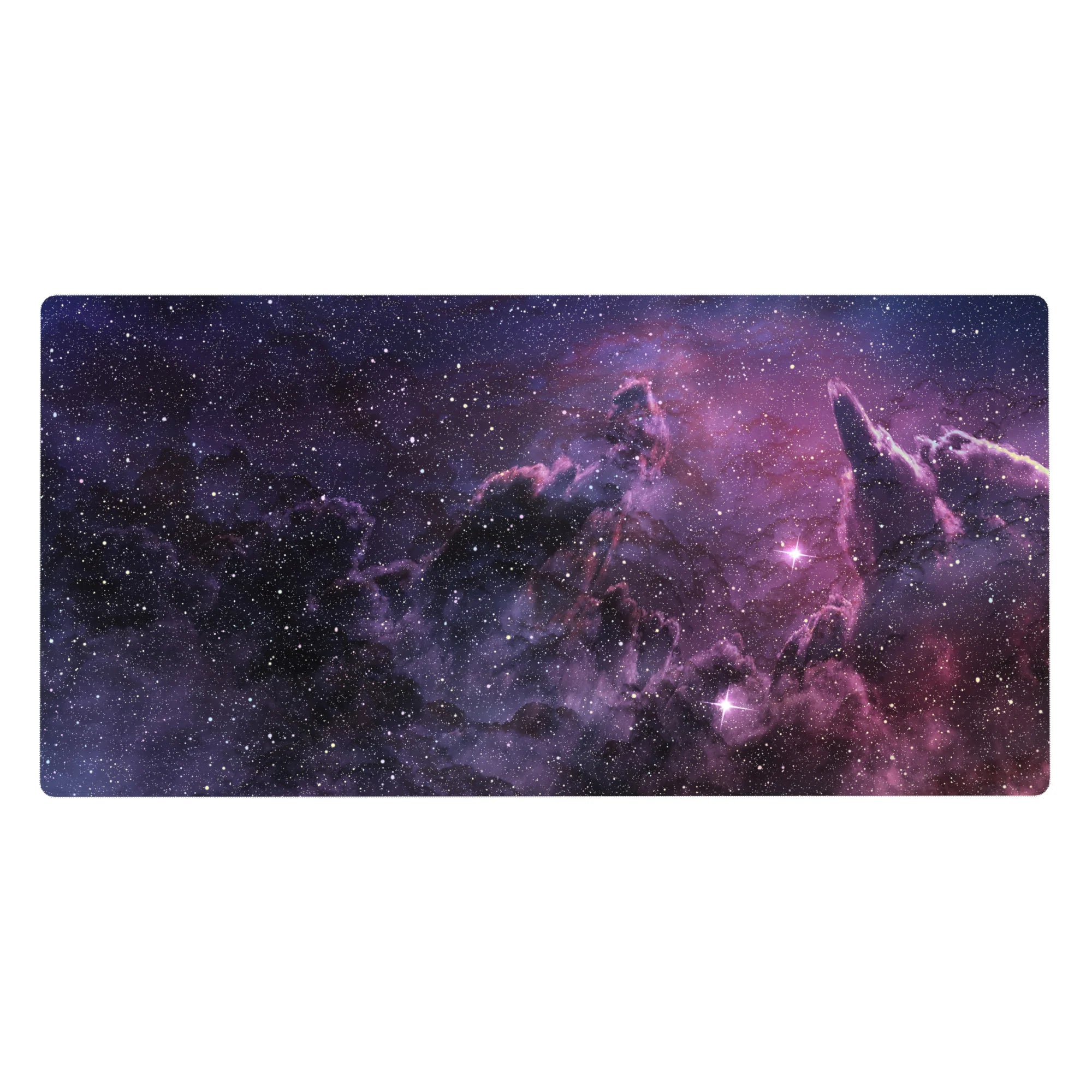 Midnight nebula starfield desk pad 40x20 inches with deep space pattern and scattered stars.